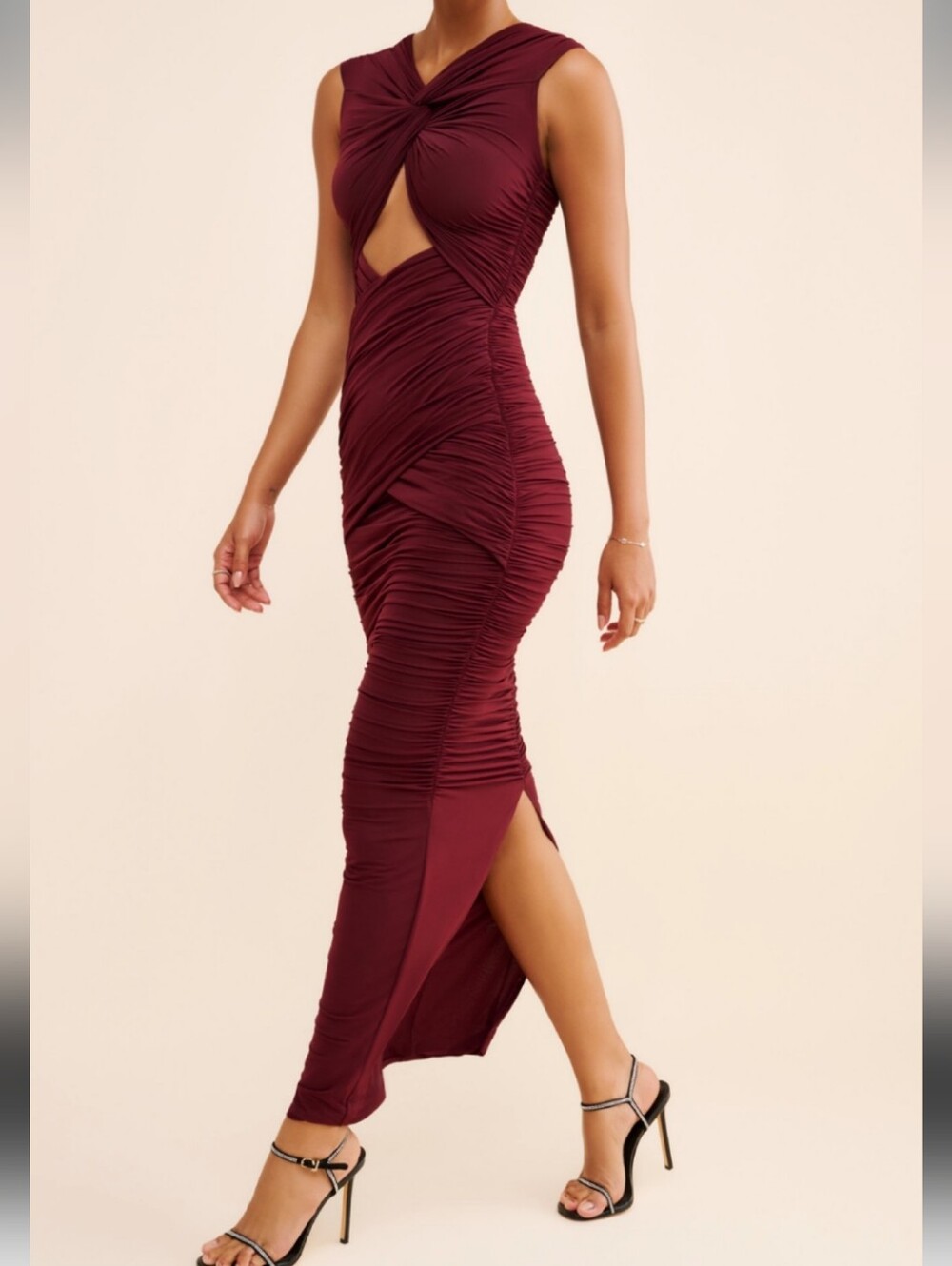 Ronny Kobo Collection Nasha  Burgundy Ruched ankle length dress Side Slit